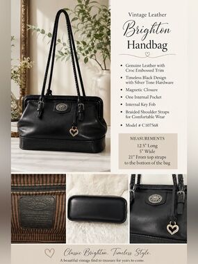 Vintage Brighton Black Croc Embossed Leather Shoulder Bag W/Heart Charm C10756